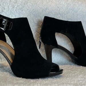 Franco Sarto Black Suede Heels with Buckle and Zipper Heel